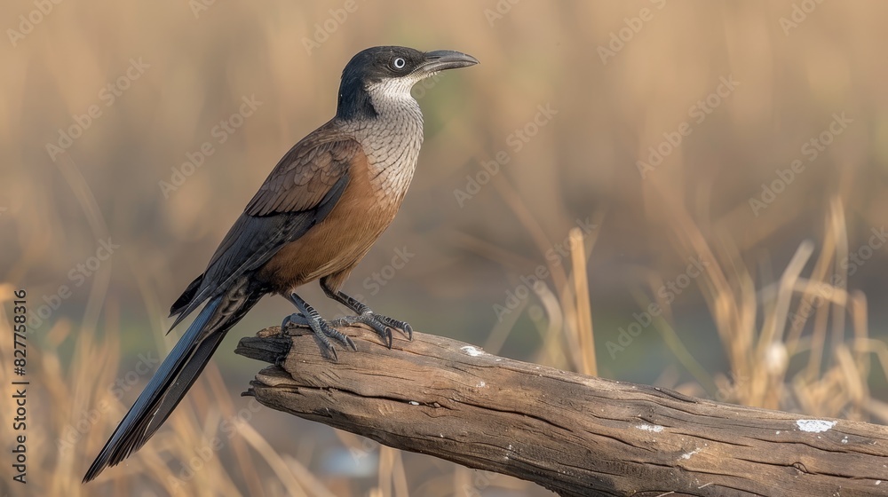 A bird perched atop a waterlogged wood plank, beside a tranquil body of water Dry grass surrounds both background and foreground A bird perched atop a waterlogged wood plank, beside a tranquil body of water Dry grass surrounds both background and foreground