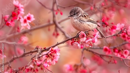  A small bird sits on a tree branch, surrounded by pink flowers in the foreground The background faintly depicts more tree branches with pink blooms