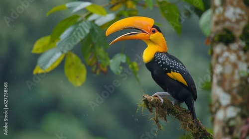  A yellow-and-black bird with a prolonged beak sits atop a verdant tree branch amidst a forest teeming with lush green foliage A nearby branch