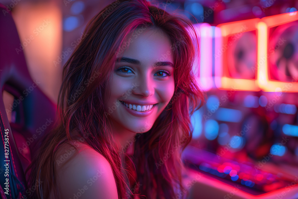 Happy Young Woman with Long Hair in RGB Gaming Room