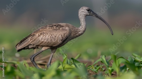  A bird with a long beak stands in a field of green grass The grass is in the foreground, while the background softly features another bird