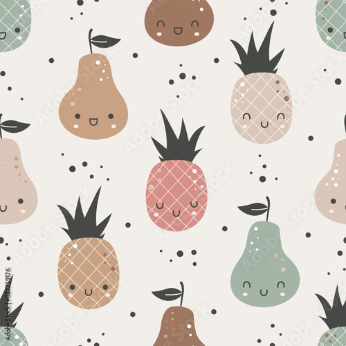 Seamless pattern with cute fruits. Summer fresh fruits background. For kids clothing, textile, fabric, wallpaper, wrapping paper
