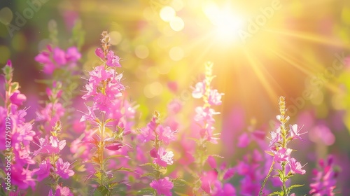  A field filled with pink flowers, sun shining through the background trees Soft focus on flowers in foreground © Jevjenijs