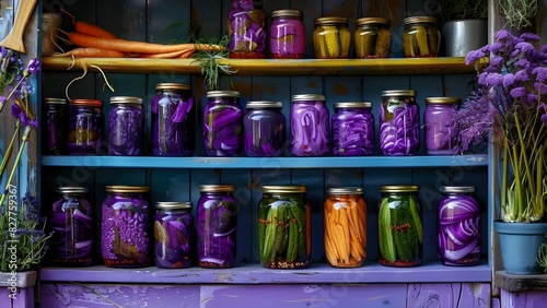 Art of Pickling: Vibrant Jars of Pickled Vegetables Displayed on Colorful Shelves. Concept Pickling, Fermented Foods, Food Preservation, Cooking Techniques, Homemade Condiments