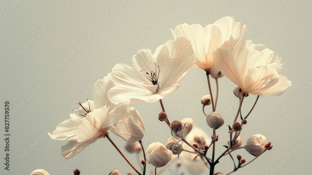 A tranquil scene showcasing minimalistic flowers against a neutral ...