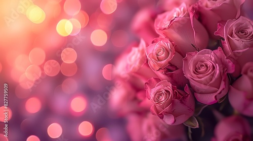  A bouquet of pink roses atop a table  near a wall with a blurred backdrop of lights