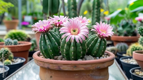  A room holds a potted plant topped with a cluster of pink flowers Surrounding it are various cacti and other plants arranged on a nearby table