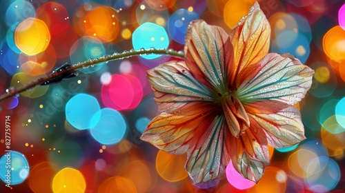  A close-up of a flower on a branch with a blurred background of lights in the foreground, and a solitary flower in sharp focus in the foreground