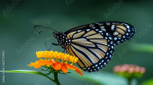  A close-up of a butterfly on a flower with a blurred background behind it © Jevjenijs
