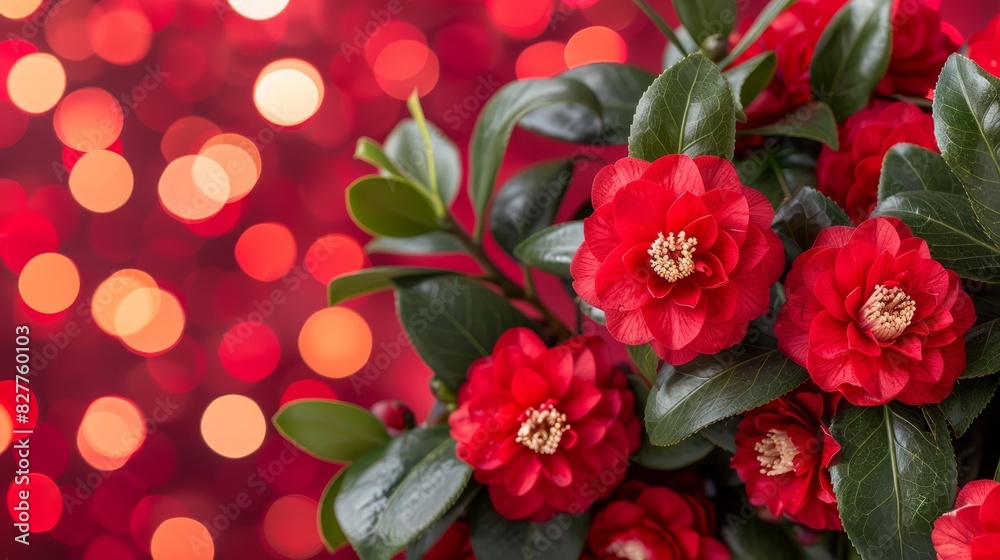 A tight shot of red blooms against a deep red backdrop Background features softly glowing lights, while flowers in foreground display a gentle blur A tight shot of red blooms against a deep red backdrop Background features softly glowing lights, while flowers in foreground display a gentle blur