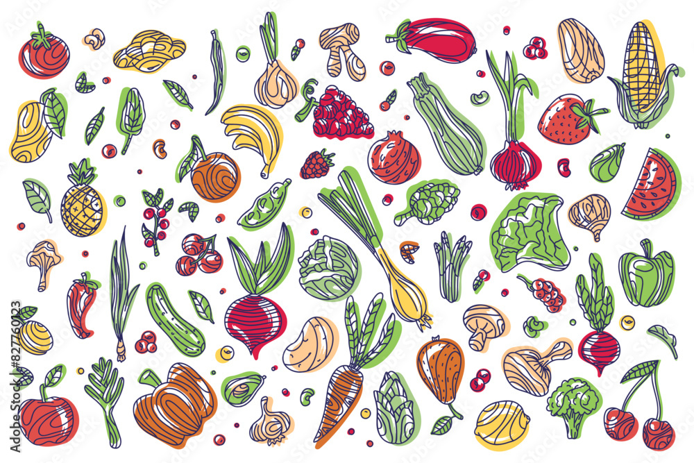 Set of doodles in color vegetables and fruits on a white background. Vector graphics of healthy food. Vegetables and fruits in doodle style, sketch. Illustration for food design. Vegan products Set of doodles in color vegetables and fruits on a white background. Vector graphics of healthy food. Vegetables and fruits in doodle style, sketch. Illustration for food design. Vegan products