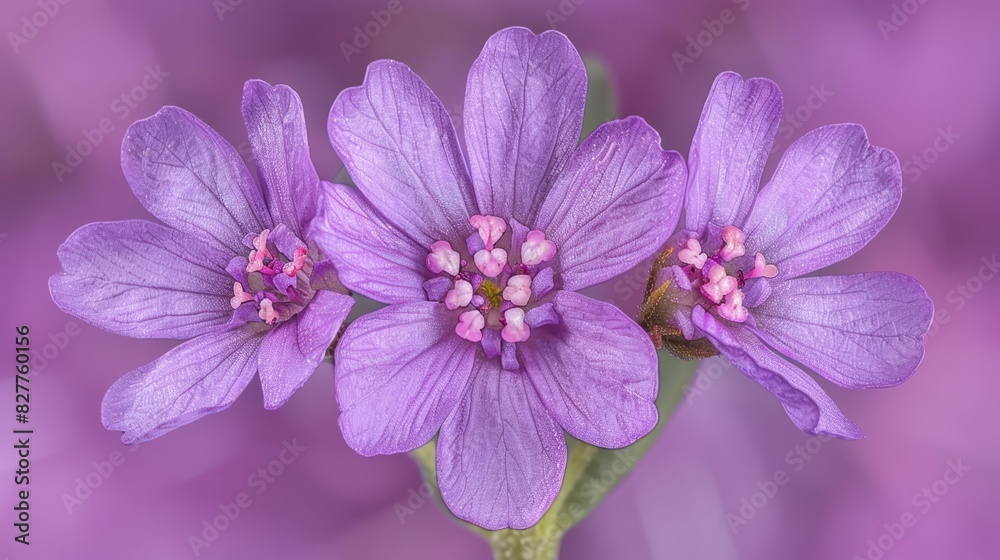  A pair of purple flowers atop a purple stem against a purple-white backdrop, featuring a central green stem