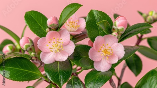  A close-up of a pink flower on a plant against a pink background  featuring green leaves The flower boasts a yellow center surrounded by stamens