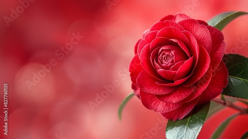  A solitary red rose with green leaves against a red backdrop of blurred background  subtly merging red and white tones