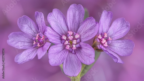  A pair of purple flowers atop a purple stem against a purple-white backdrop  featuring a central green stem