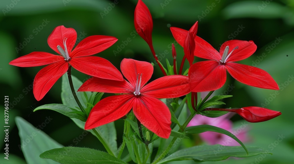  A red flower cluster sits atop a verdant field, dotted with lush green leaves Nearby, a forest teems with pink and purple blooms, its trees also adorn