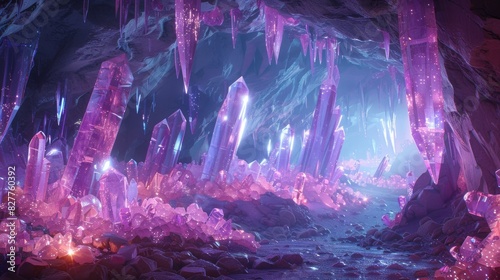 3D Crystal cave with glowing minerals
