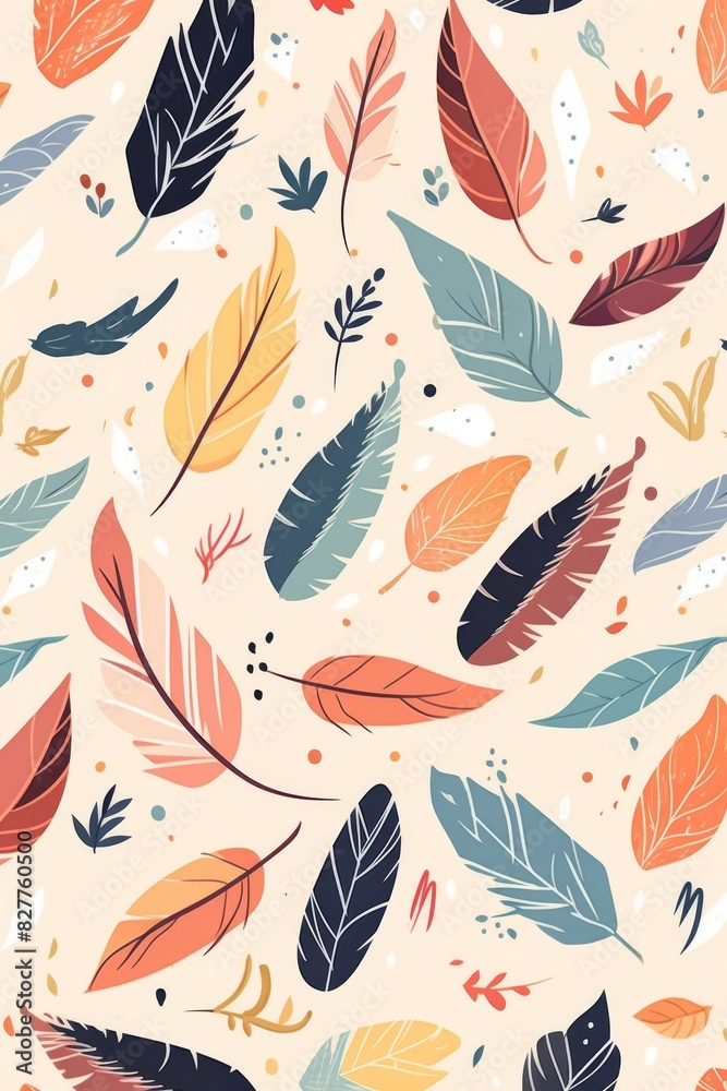 Autumn-Colored Feather Pattern on White Background Featuring Various Autumn-Colored Feather Pattern on White Background Featuring Various