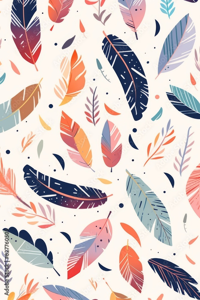 Obraz premium Autumn-Colored Feather Pattern on White Background Featuring Various