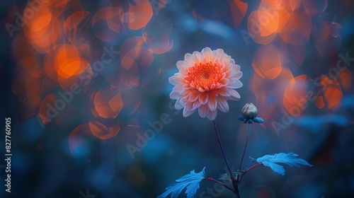  A flower with an out-of-focus foreground and blurred orange and blue background