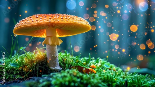  A tight shot of a mushroom on mossy ground, illuminated by backlight from above, surrounded by an out-of-focus forest backdrop with trees