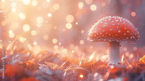  A tight shot of a mushroom in a grassy field, adorned with water droplets atop Background blurred with leaves, hinting at bokeh effect photo