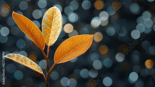  A close-up of a leaf on a tree branch against a backdrop of lights in the background  with a blurred background