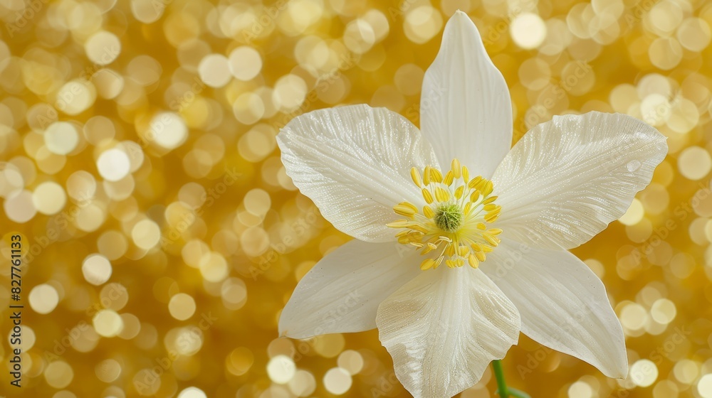 A white bloom with a yellow core faces a golden pool of light on the ground Behind it, the background softly blurs A white bloom with a yellow core faces a golden pool of light on the ground Behind it, the background softly blurs