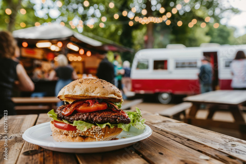 A juicy burger with a patty, cheese, and bacon on a plate on a wooden table at a gastronomic festival. Perfect for advertising food trucks, street food, and culinary events. photo