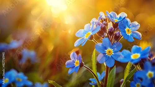  A tight shot of blue blossoms against a backdrop of sunshine, accompanied by a softly blurred depiction of similar flowers nearer the camera, all bathed in sunlight photo