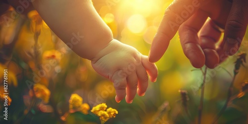 Heartwarming image of a baby hand holding an adult finger amidst a sunny, floral background. Symbolizing trust, care, and connection.