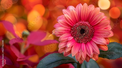  A pink flower with green leaves  situated in front of a blurred backdrop of red  orange  yellow flowers with green leaves at their base