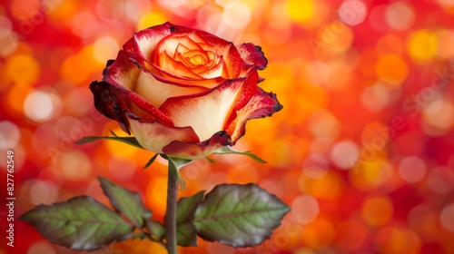  A solitary red and white rose sits in front of a red and yellow boke  of blurred lights  forming a blurry foreground