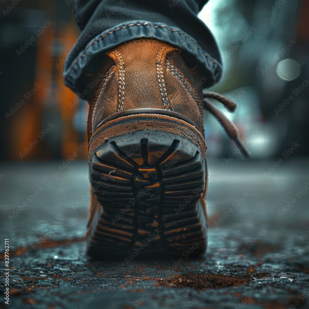 Close-up of a brown leather boot on a wet pavement, capturing the rugged texture and detailed sole with a blurred background. Close-up of a brown leather boot on a wet pavement, capturing the rugged texture and detailed sole with a blurred background.