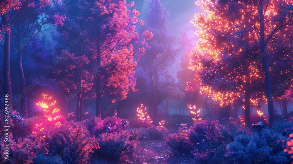 3D Digital fractal forest with neon lighting