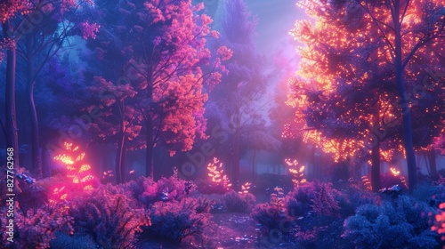 3D Digital fractal forest with neon lighting