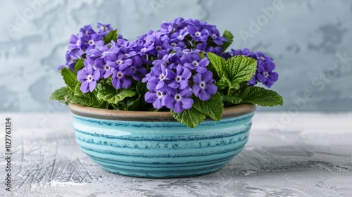  A blue bowl holds purple flowers It rests on a white-blue tablecloth Nearby, a blue wall meets a planter teeming with green leaves
