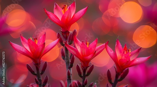  A close-up of a cluster of pink flowers with blurred lights in the background