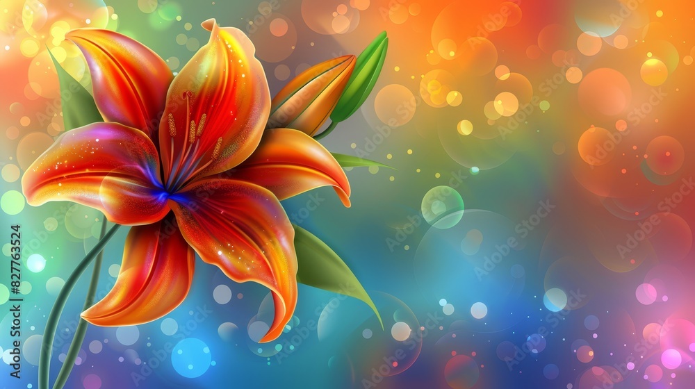  A vibrant orange flower against a multicolored backdrop of blue, red, yellow, orange, and green, with radiant bubbles of light emerging from the top right corner