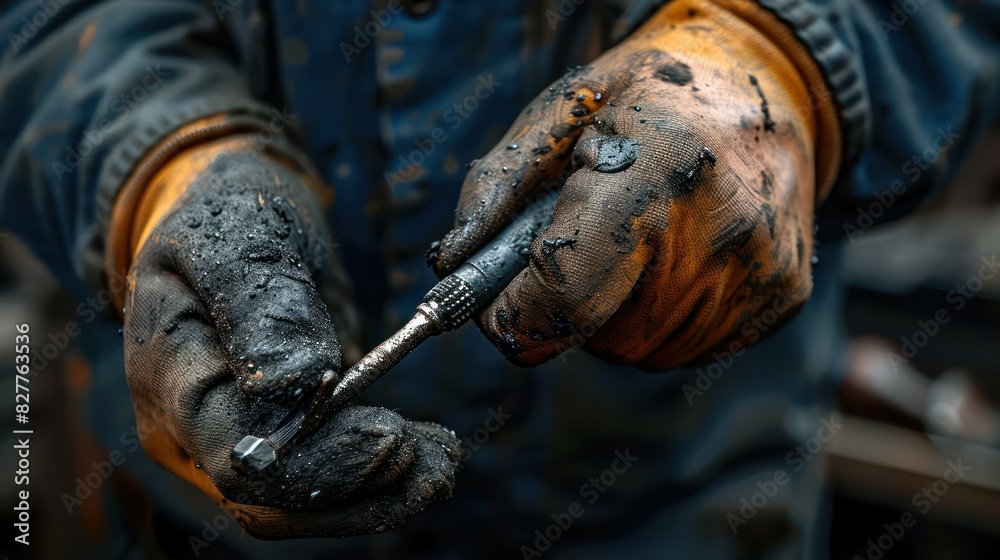Close-up of dirty gloved hands holding a mechanical tool, showcasing hard work and maintenance in an industrial setting. Close-up of dirty gloved hands holding a mechanical tool, showcasing hard work and maintenance in an industrial setting.