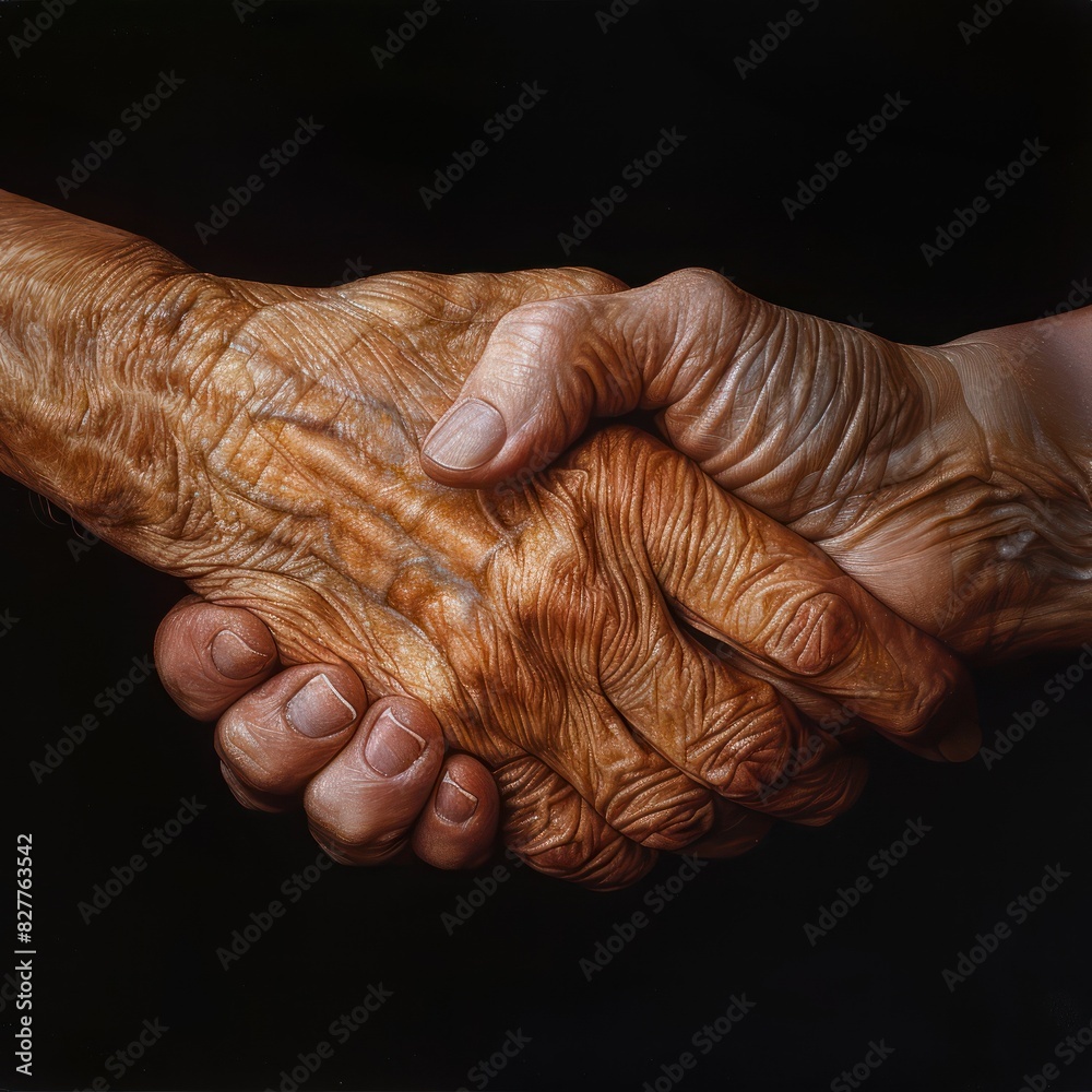 Fototapeta premium Close-up of elderly hands holding each other, symbolizing care, support, and intergenerational connection on a dark background.