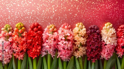  A row of pink and red flowers in front of a red wall Sparkles adorn the backs of these flowers Behind them  a line of green stems lies