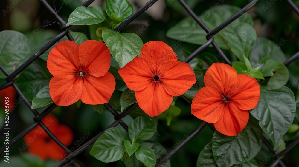 A tight shot of three red flowers against a chain-link fence Green leaves border the other side Red blooms peek from that side, too A tight shot of three red flowers against a chain-link fence Green leaves border the other side Red blooms peek from that side, too