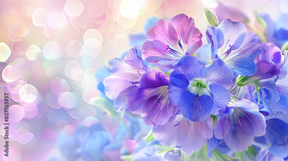  A bouquet of purple and blue flowers against a pink and blue backdrop of blurred lights in the background  A bouquet of purple and blue flowers set against a pink and