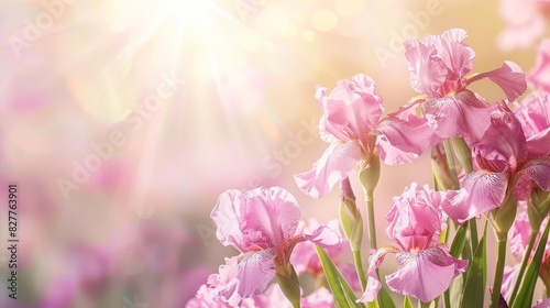  A scene of numerous pink flowers against a backdrop of sunshine  accompanied by a foreground depiction of pink blossoms with sun rays casting a soft blur