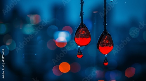  A few red drops dangle from a string against a cityscape backdrop, blurred lights included photo