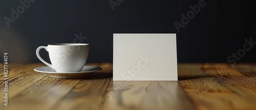 Minimalist image of a blank table tent card and a white coffee cup on a wooden table  sleek dark background  high resolution  Realism  Photography 8K   high-resolution  ultra HD up32K HD