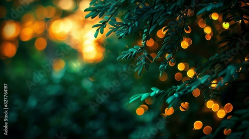  A tree with many lights in the background is faintly discernible  while the foreground features a tree with a blurred illuminated presence Both images exhibit a blurry background