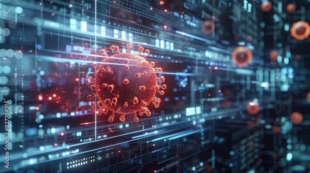 Digital representation of a virus amidst a technological data background, illustrating the intersection of biology and information technology.