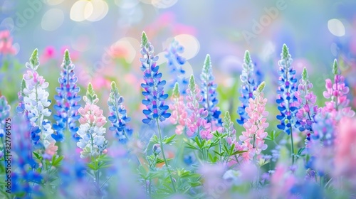  A field filled with blue  pink  and white flowers Top halves illuminated by soft bokeh light Bottom halves blurred against a hazy background